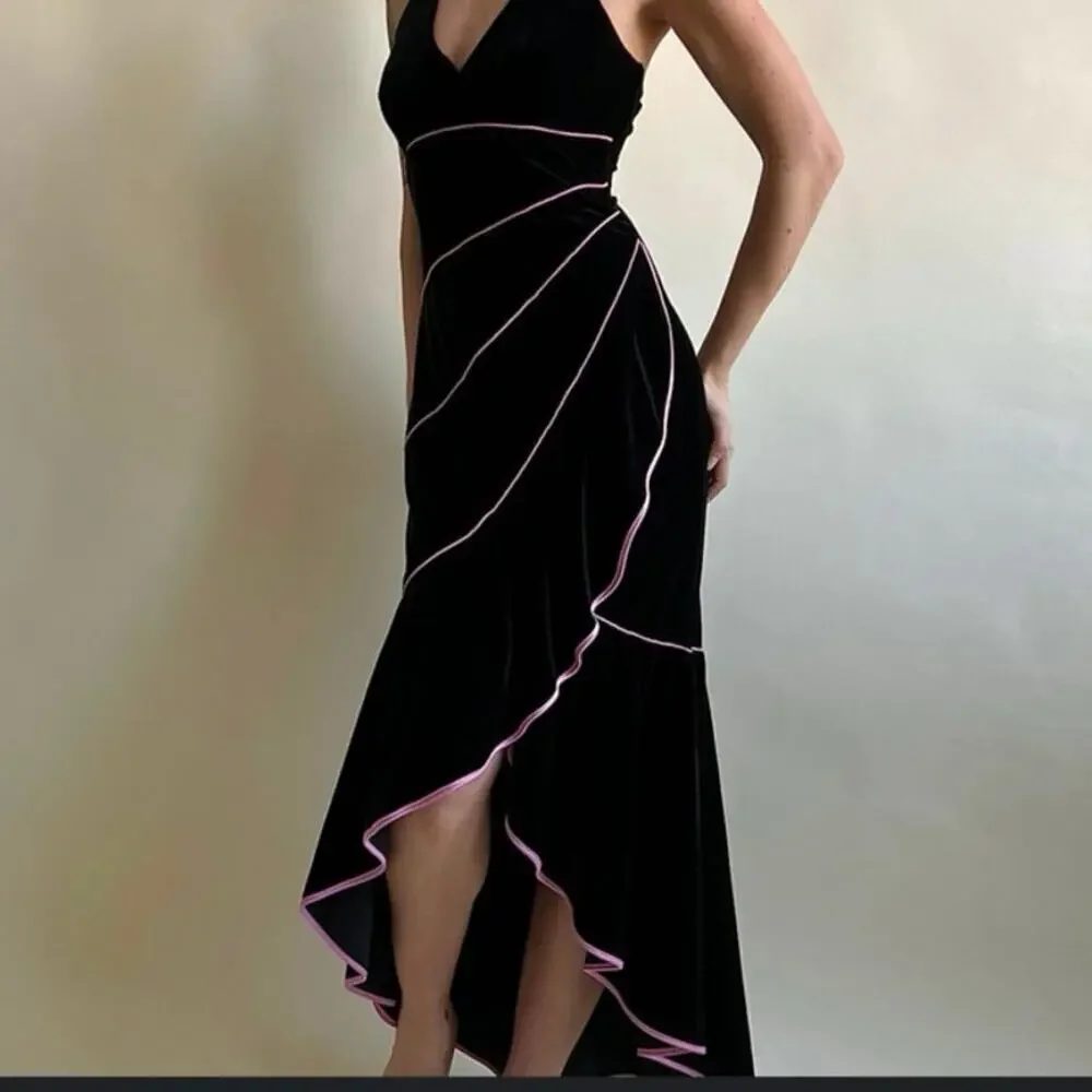 Vintage 90s Womens Black Halter Dress Ruffles Pink Trim